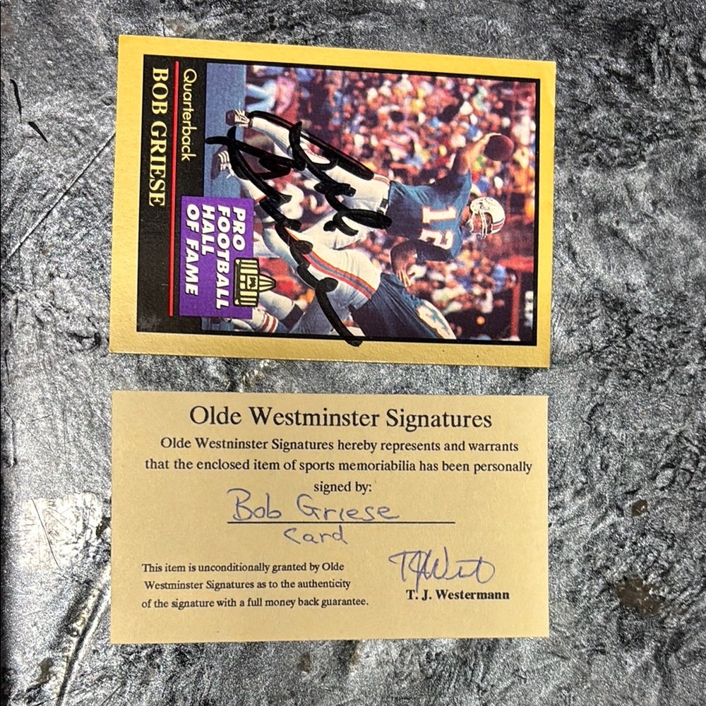 Bob Griese autograph card. Miami Dolphins, Hall of Fame quarterback.